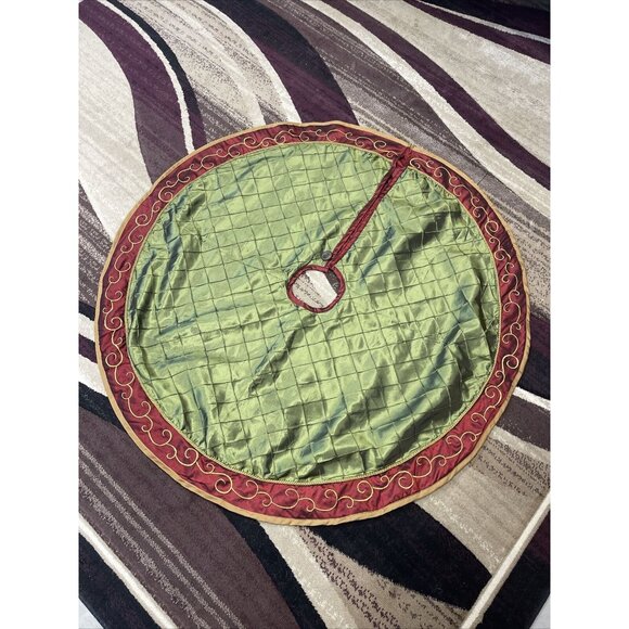 Burgundy Maroon Olive Green Gold Silk Accent Christmas Tree Skirt Approx 45” - Picture 1 of 9